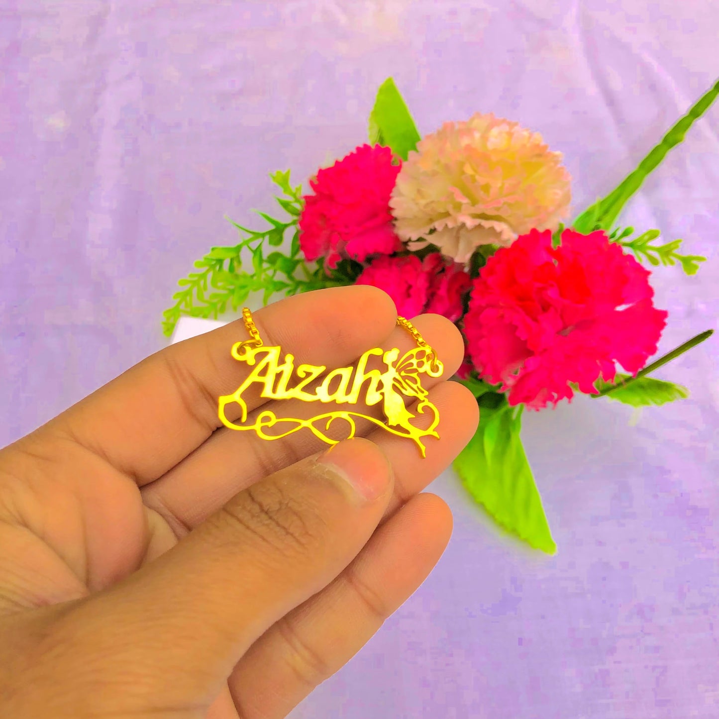 Customized Name Necklace with Fairy – 22K Gold Plated